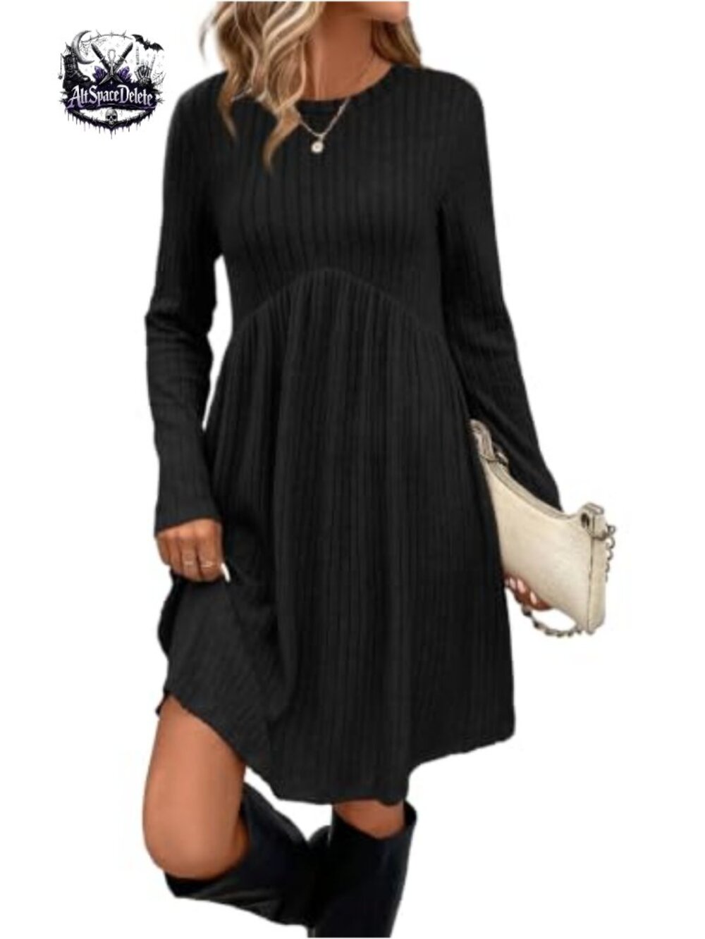 Long Sleeve Dress Women Crew Neck Empire Waist Tunic with Pockets